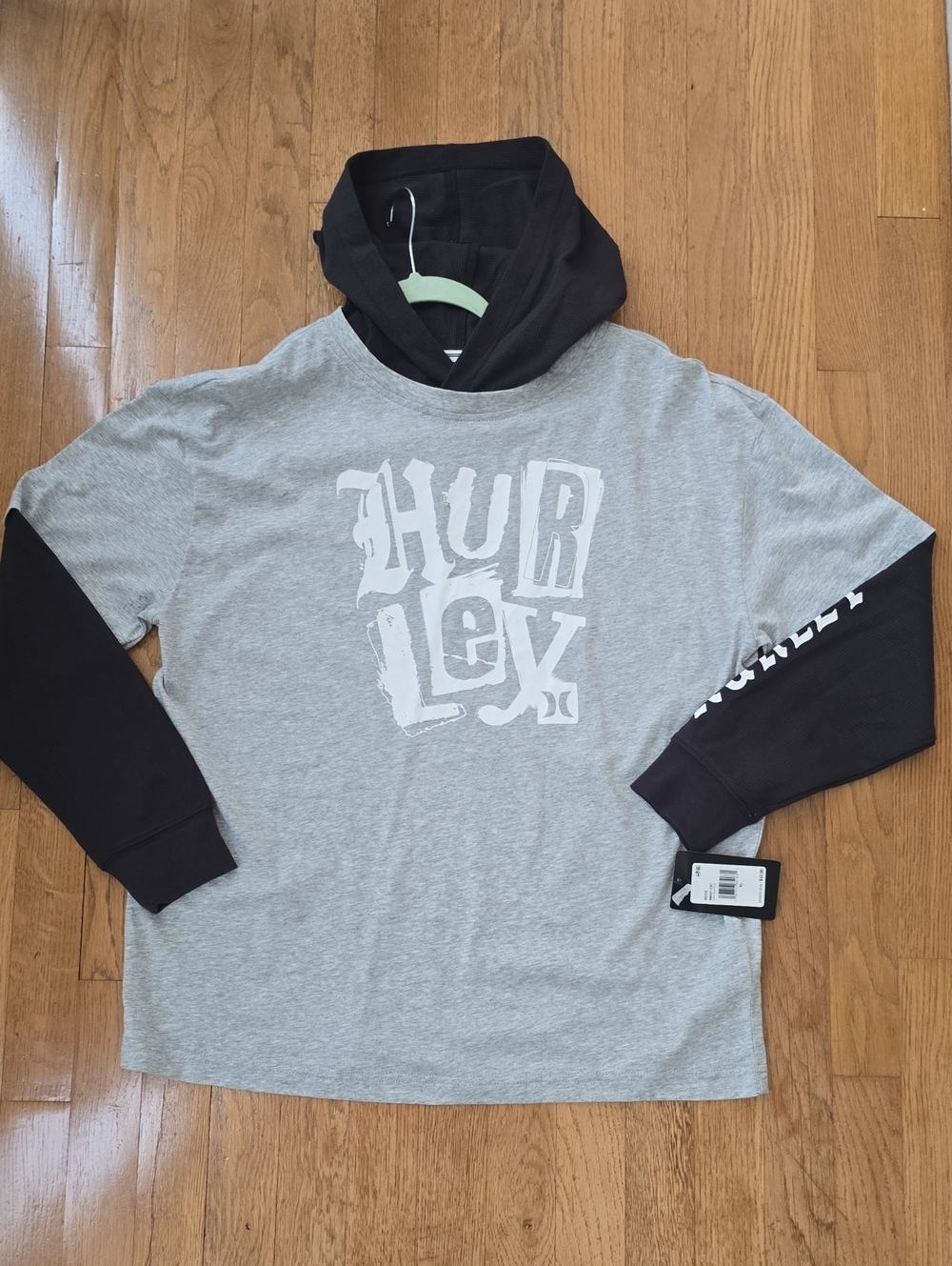 HURLEY SIGNATURE BRAND BOY'S GRAY & BLACK LONG SLEEVES HOODED TEE SIZE XL